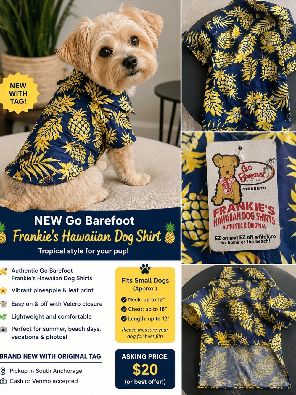 Go Barefoot Frankie's Hawaiian Dog Shirt - Navy & Yellow Pineapple Print